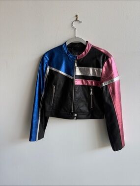 Urban Outfitters Metallic Colorblock Cropped Leather Jacket - Blue, Pink & Black